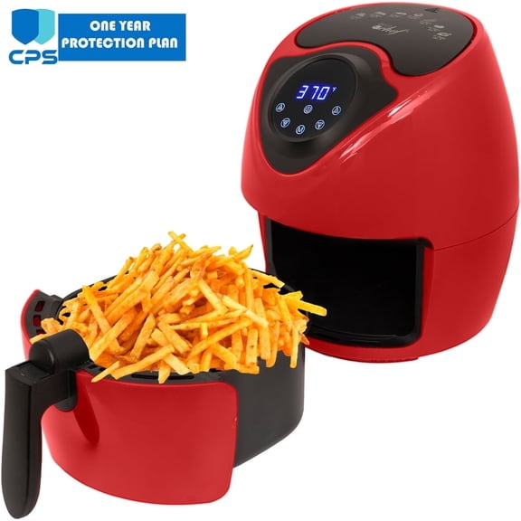 Deco Chef DAIRFRRED 3.7QT Electric Oil-Free Digital Air Fryer for Healthy Frying Red Bundle with 1 Year Extended Protection Plan