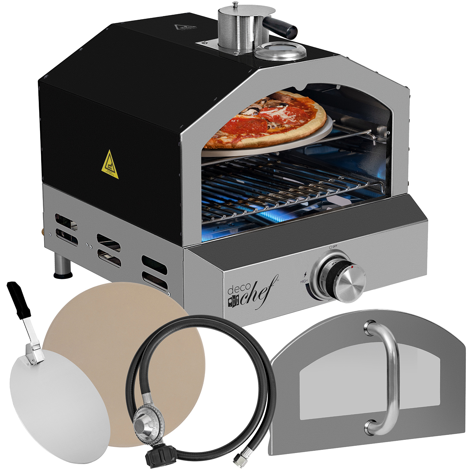 Deco Chef Portable Outdoor Pizza Oven and Grill with Propane Gas CSA Approved Regulator and Hose, Includes Pizza Peel, Stone, Built-In Thermometer, and Grill Rack, Black - image 1 of 11