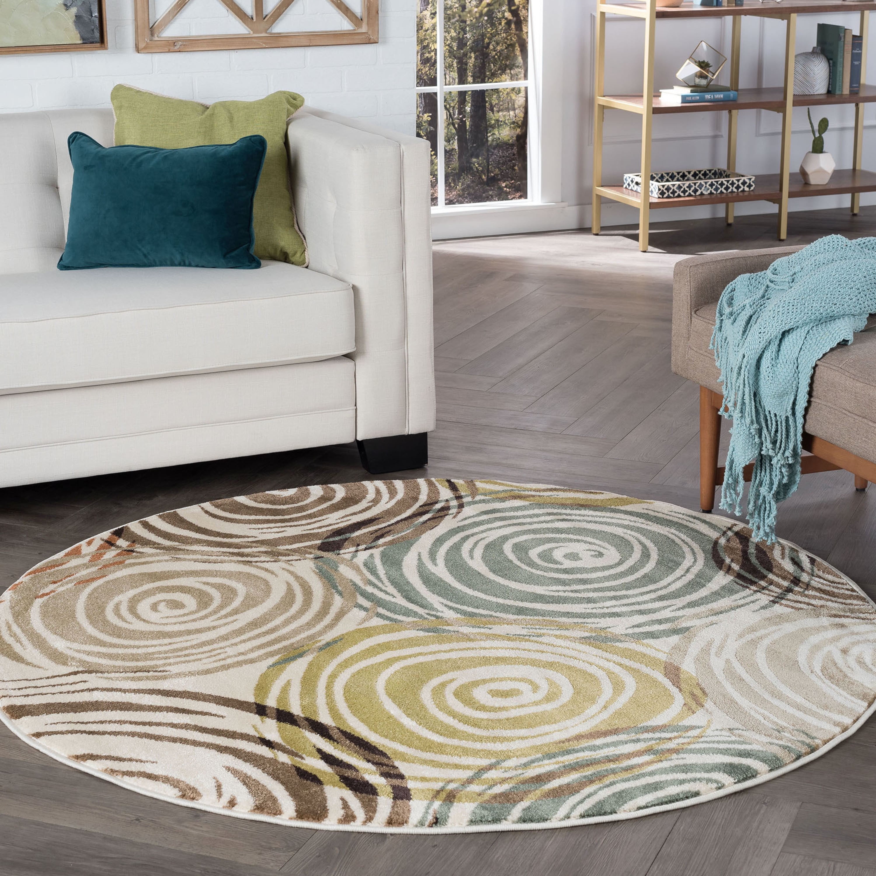 Deco Contemporary 8' Round Ivory and Beige Polypropylene Indoor Area Rug
