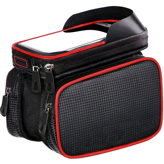 Deco Essentials Bike Frame Cell Phone Mount with Protective Clear Touch Screen Compatibility, Dual Large Side Storage Pouches, Easy Install Velcro Straps For Any Bike