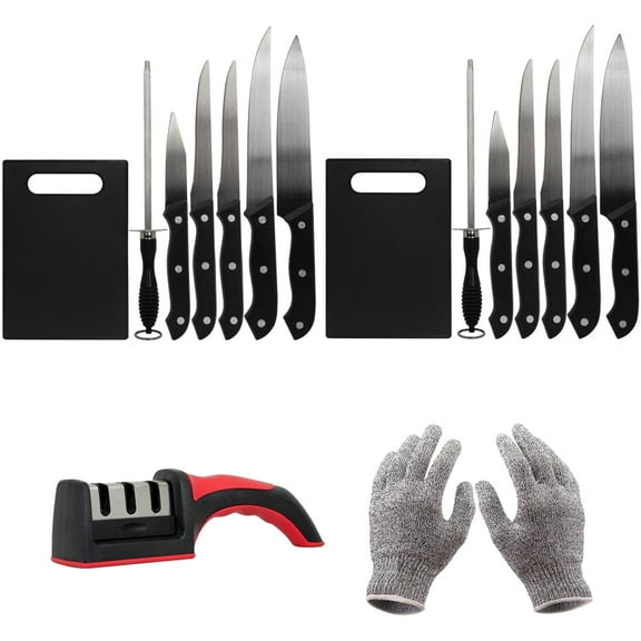 Deco Essentials CK6PC 5-Piece Knife Set with Cutting Board and Sharpening Steel (2-Pack) Bundle with Deco Essentials 3 Slot Manual Knife Sharpener and Deco Gear Kitchen Safety Cut Resistant Gloves