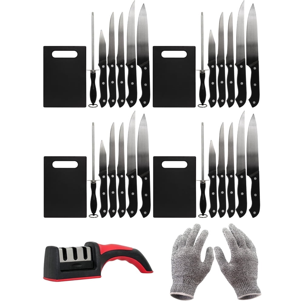 Deco Essentials CK6PC 5-Piece Knife Set with Cutting Board and Sharpening Steel (4-Pack) Bundle with Deco Essentials 3 Slot Manual Knife Sharpener and Deco Gear Kitchen Safety Cut Resistant Gloves