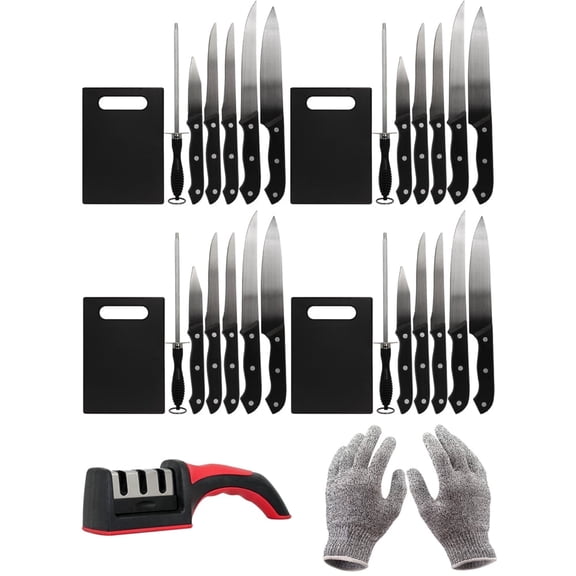 Deco Essentials CK6PC 5-Piece Knife Set with Cutting Board and Sharpening Steel (4-Pack) Bundle with Deco Essentials 3 Slot Manual Knife Sharpener and Deco Gear Kitchen Safety Cut Resistant Gloves