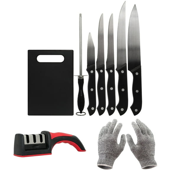 Deco Essentials CK6PC 5-Piece Knife Set with Cutting Board and Sharpening Steel Bundle with Deco Essentials 3 Slot Manual Knife Sharpener and Deco Gear Kitchen Safety Cut Resistant Gloves