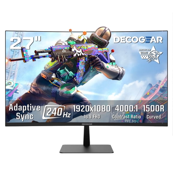 Deco Gear 27" 240Hz Curved Gaming Monitor, 1920×1080 FHD, 1500R VA, 2ms, HDR, 4000:1 Contrast, Adaptive Sync, HDMI, DisplayPort, FPS/RTS Game Modes, PC & Console Compatible