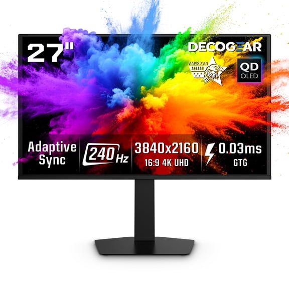 Deco Gear 27" 4K QD-OLED Gaming Monitor, 3840x2160 240Hz 0.03ms, HDR400, 99% DCI-P3, Console-Ready Dual HDMI 2.1 & Dual DP 1.4, AMD FreeSync, Pivot Ergonomic Stand with RGB