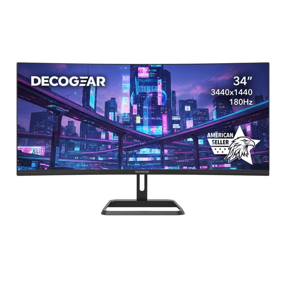 Deco Gear 34” Ultrawide Curved Monitor, 3440x1440 VA Display, 180Hz 1ms MPRT Adaptive Sync, 1500R HDR Ready 100% sRGB Dual HDMI/DP 21:9 Aspect Ratio