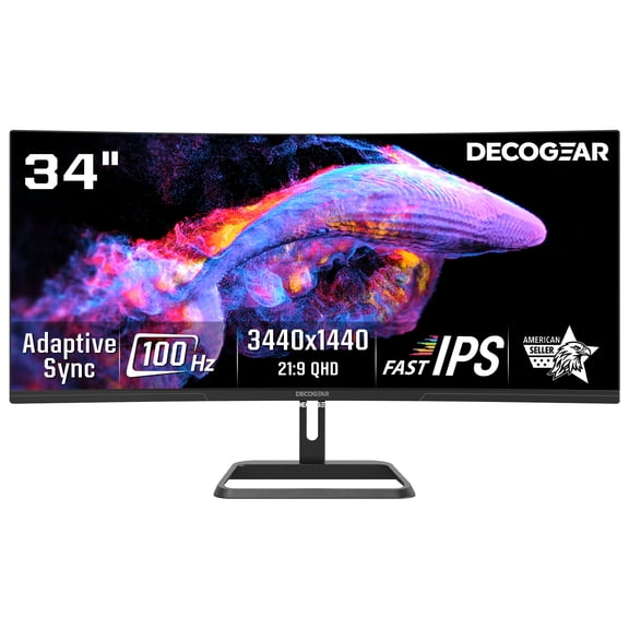 Deco Gear 34" Curved UltraWide WQHD Monitor, 34401440, 21:9, 100Hz, 1ms, 4000:1 Contrast, HDR, Adaptive Sync, Low Blue Light, PIP/PBP, 2x HDMI, 2x DisplayPort, Tilt-Adjustable Stand