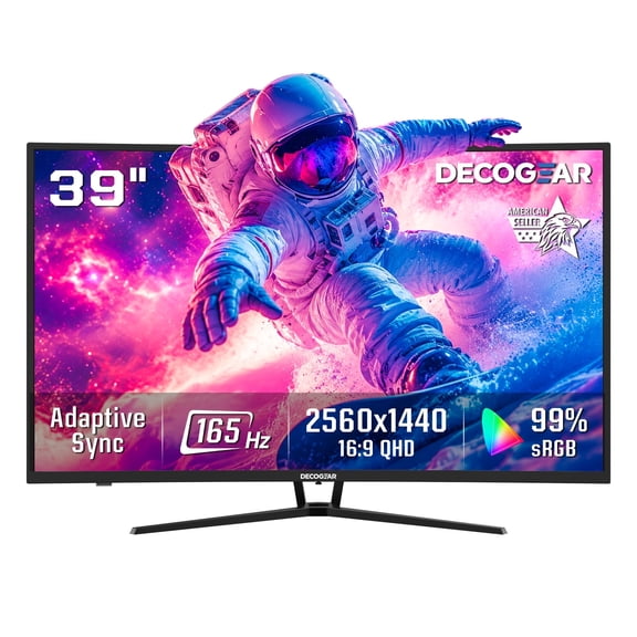 Deco Gear 39\" Curved Gaming Monitor, QHD 2560x1440 VA, 165Hz 1ms MPRT, AMD FreeSync, USB-C 65W, HDMI 2.0 & DP 1.4, Built-in Speakers, 3000R