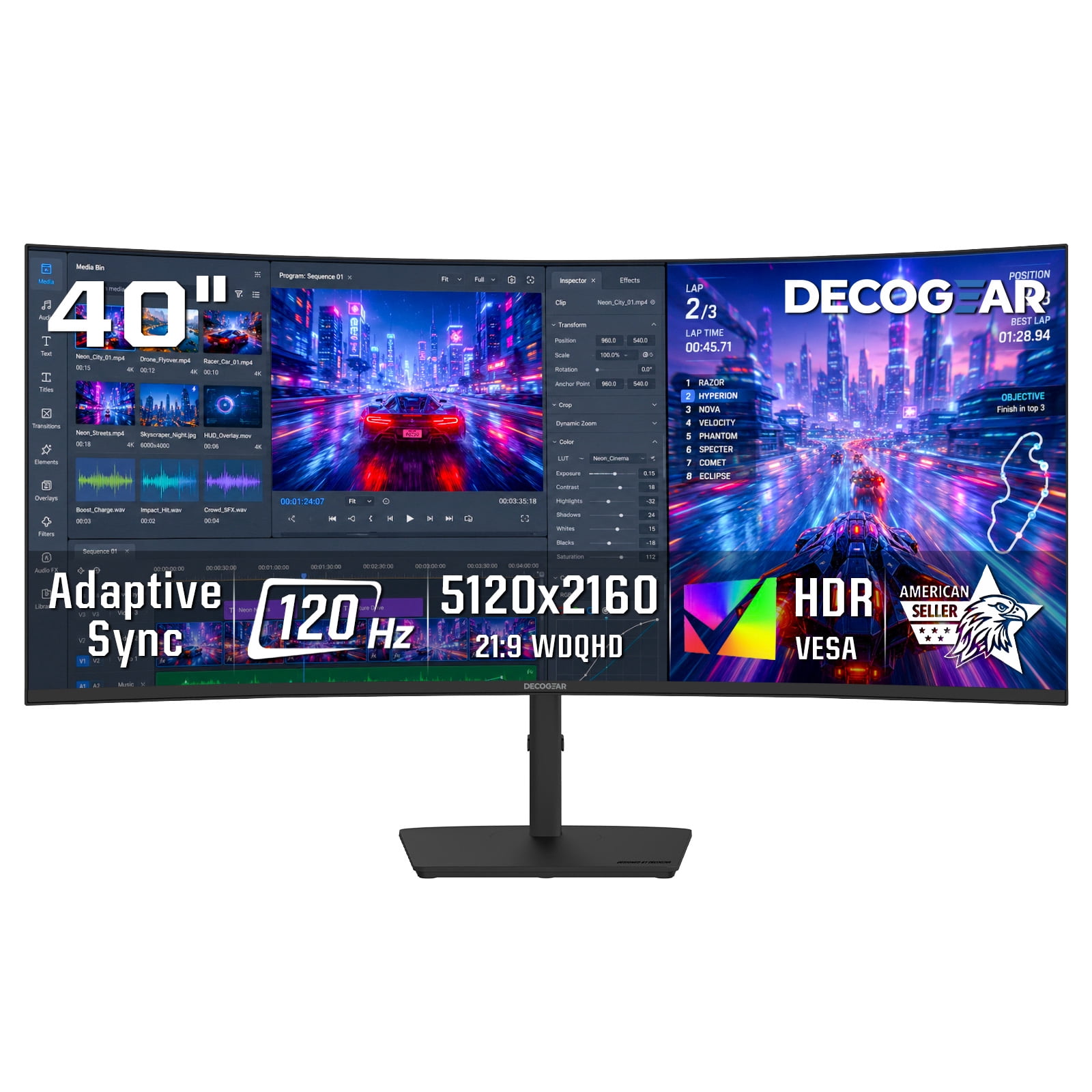 Deco Gear 40" Curved 5K2K Ultrawide Monitor, 5120×2160, 21:9, 120Hz, 5ms, IPS Panel, HDR, Adaptive Sync, USB-C, HDMI, DisplayPort, Built-in Speakers, Adjustable Stand