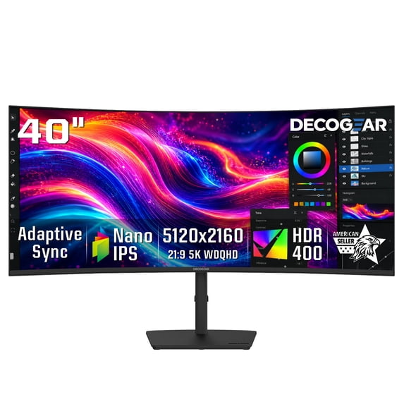 Deco Gear 40” Curved Ultrawide IPS Monitor, 5120x2160 5K2K, 21:9, HDR400, AdaptiveSync, 100% sRGB, HDMI 2.0, DP, USB-C