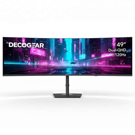 Deco Gear 49″ Curved Ultrawide Dual-QHD Monitor, 5120×1440 32:9 HDR400 120Hz, USB-C 65W PD, FreeSync, PBP/PIP KVM Switch, Built-in Speakers, Ergonomic Stand