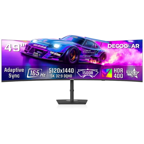 Deco Gear 49" Curved Ultrawide DQHD Monitor, 5120×1440, 165Hz, 1ms MPRT, 32:9, 1500R, HDR, Adaptive Sync, USB-C, HDMI 2.1, DisplayPort 1.4, PIP/PBP, RGB Lighting