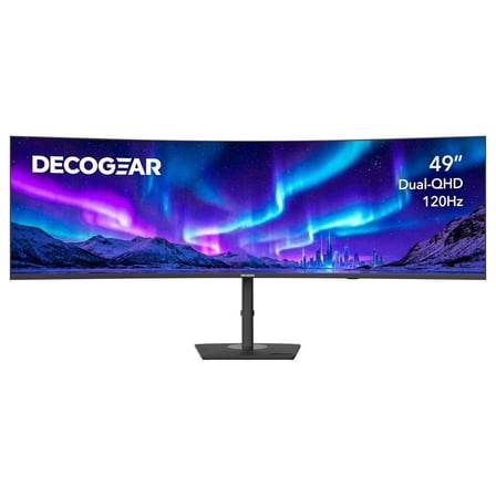 Deco Gear 49” Curved Ultrawide Dual-QHD Monitor, 5120 × 1440 Resolution, 120Hz, 1ms, USB-C 65W Power Delivery, Built-In KVM Switch, HDR, Adaptive Sync