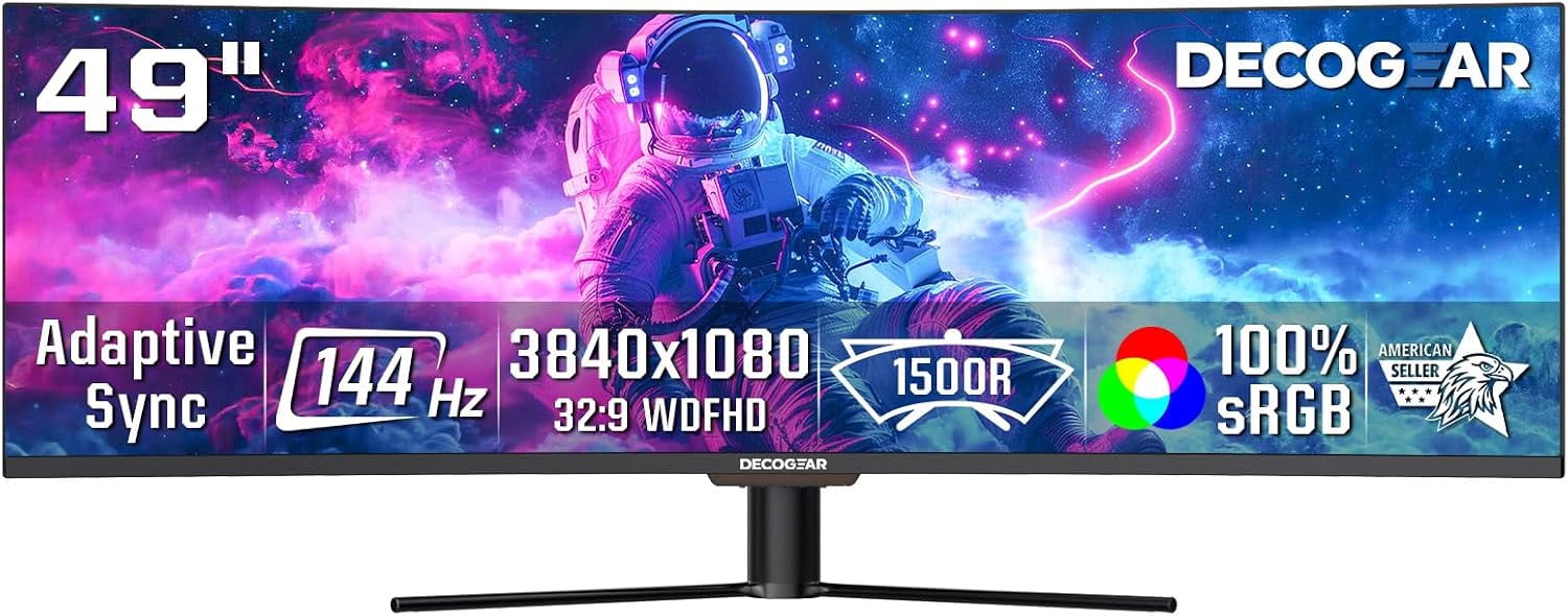 Deco Gear 49" Curved Monitor, 32:9 Ultrawide Gaming Monitor, 3840x1080 144Hz (165Hz OC), Monitors for Computer, HDR, USB-C 65W, KVM, PBP/PIP, 1500R