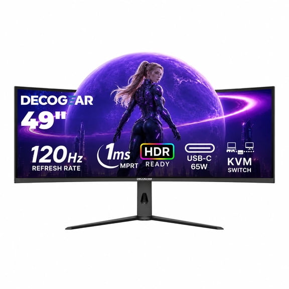 Deco Gear 49" Curved Ultrawide Monitor, 5120×1440 Dual QHD, 120Hz, 3ms, 32:9, R1000, HDR, Adaptive Sync, USB-C, HDMI 2.1, DisplayPort 1.4, PIP/PBP, Ergonomic Stand