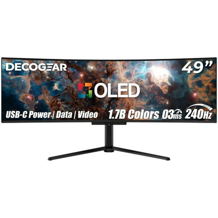 Deco Gear 49" QD-OLED 240Hz Curved Ultrawide Gaming Monitor - 51201440 DQHD, 32:9 Dual-QHD Display, 0.03 ms Response, HDR400 True Black, 90W USB-C, KVM, Adaptive Sync, RGB Lighting