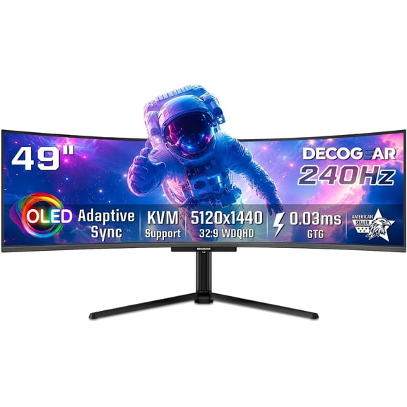 Deco Gear 49" QD-OLED 240Hz Curved Ultrawide Gaming Monitor - 5120×1440 DQHD, 32:9 Dual-QHD Display, 0.03 ms Response, HDR400 True Black, 90W USB-C, KVM, Adaptive Sync, RGB Lighting