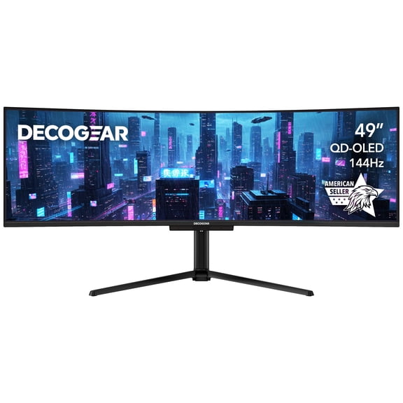 Deco Gear 49" Curved QD-OLED Ultrawide Monitor, 5120x1440 0.03ms 144Hz, HDR400 True Black 32:9 Adaptive Sync, 100% sRGB HDMI 2.1 90W USB-C, KVM Built-in Speakers Adjustable Stand