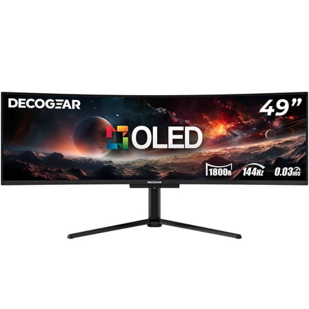 Deco Gear 49" Curved QD-OLED Ultrawide Monitor, 5120x1440 0.03ms 144Hz, HDR400 True Black 32:9 Adaptive Sync, 100% sRGB HDMI 2.1 90W USB-C, KVM Built-in Speakers Adjustable Stand