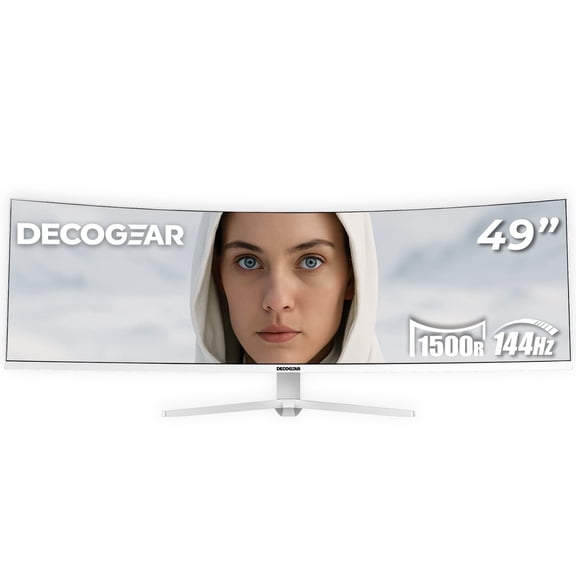 Deco Gear 49” White Curved Ultrawide Monitor, 144Hz, HDR, 3840×1080, HDMI 2.1, DP 1.4, Gaming & Work
