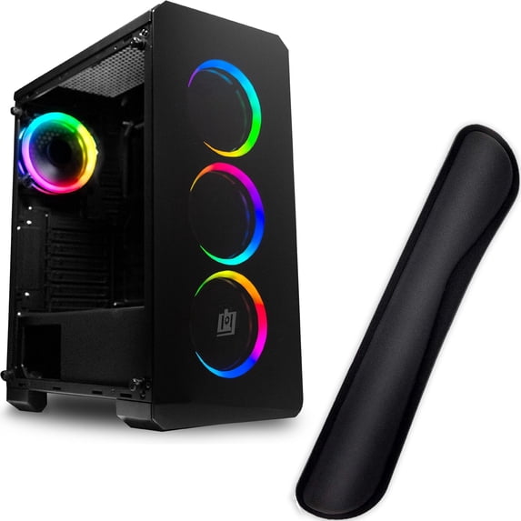 Deco Gear Mid-Tower PC Gaming Computer Case w/ 3-Sided Tempered Glass and LED Lighting, Mini-ITX, Micro-ATX, ATX, Includes 4 120mm Double Ring Fans, includes Gel Memory Foam Mouse/Keyboard Wrist Pads