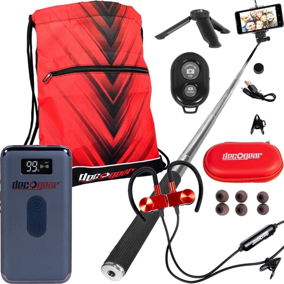 Deco Gear All In One Commuter Pack w/ Portable Charger, Magnetic Sport Earbuds, Telescopic Selfie Stick with Mini Tripod and Remote, and Drawstring Hand Travel Bag