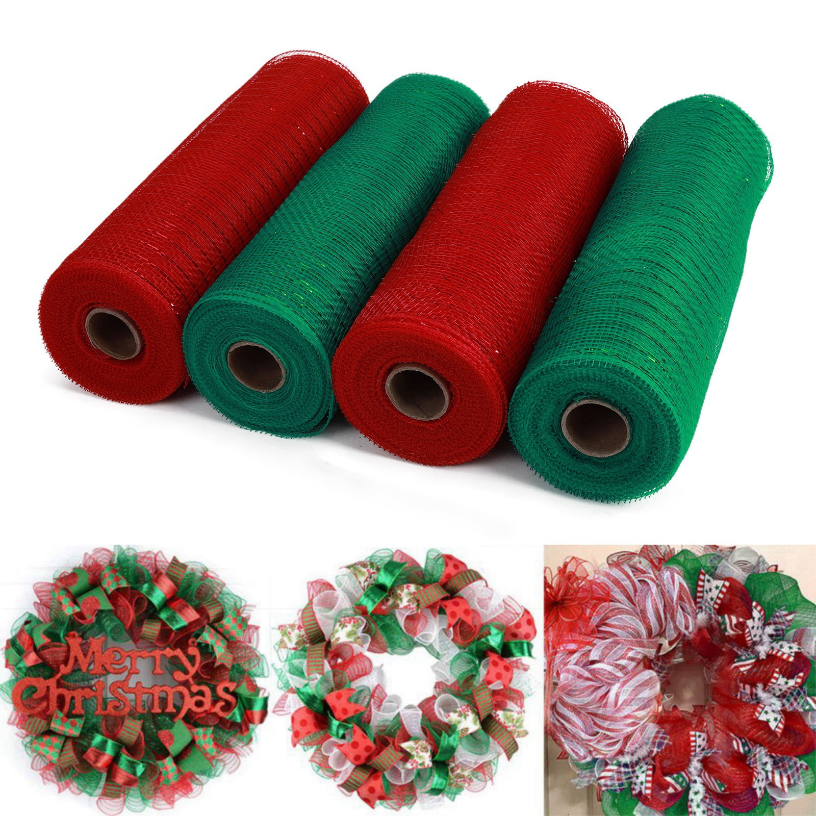 Deco Mesh 10 inch x 10 Yards Christmas Colors - Red/Green Metallic Foil Poly Mesh Ribbons for Wreaths, Swags, Craft, Party and Decorating Supplies - 4 Rolls