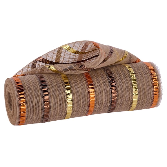 Deco Mesh Fine Weave Foil Stripes Natural Jute Texture Autumn Tones Metallic Detailing, 10.25 Inches Wide, 10 Yards Long