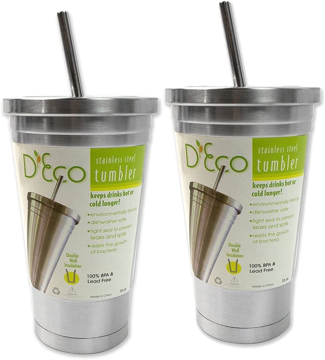 Deco Stainless Steel Tumbler with Straw 16 oz, 2 Pack