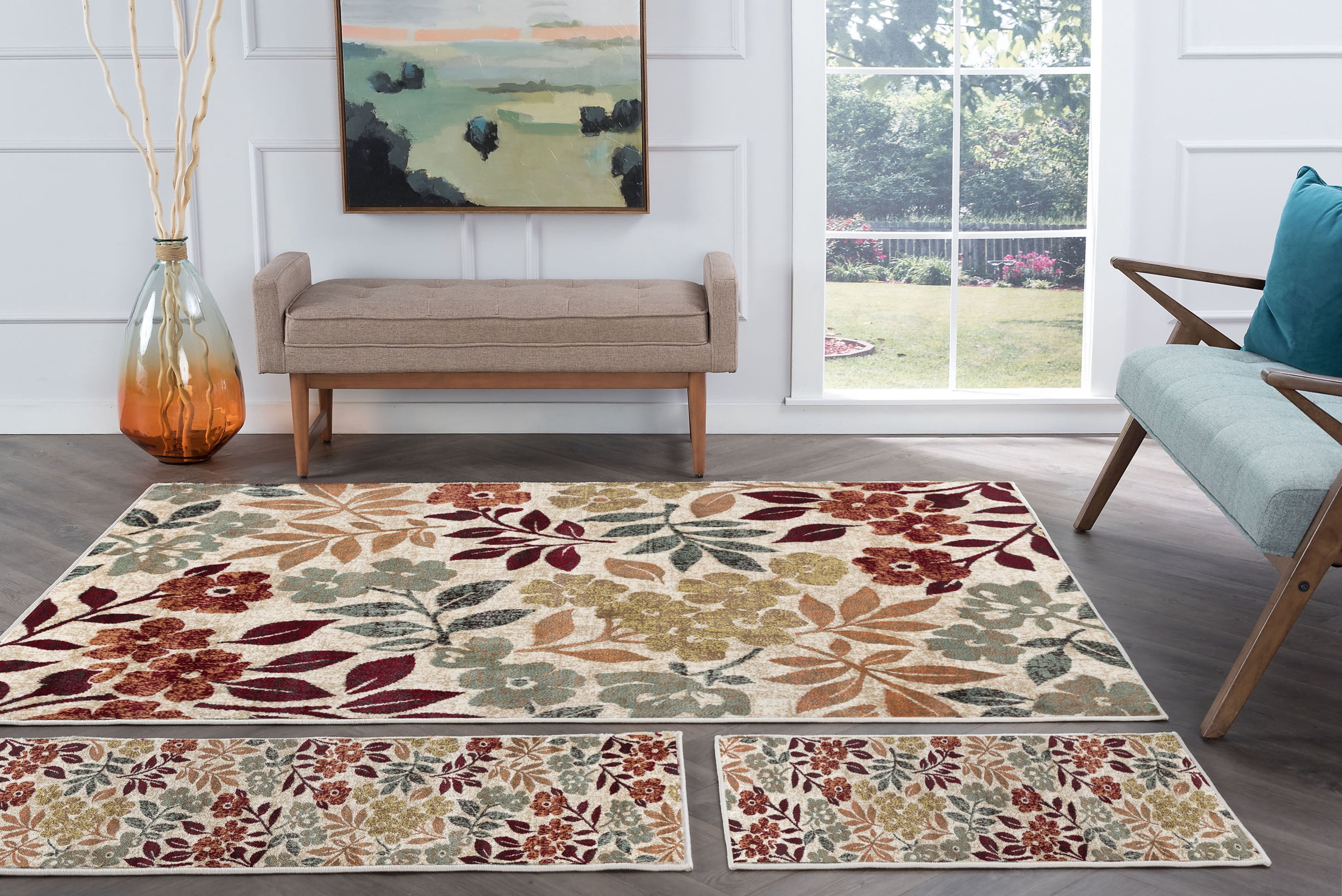Deco Transitional 3-Piece Set Cream and Seafoam Polypropylene Indoor Area Rug