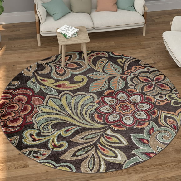 Deco Transitional 5' Round Brown and Red Polypropylene Indoor Area Rug