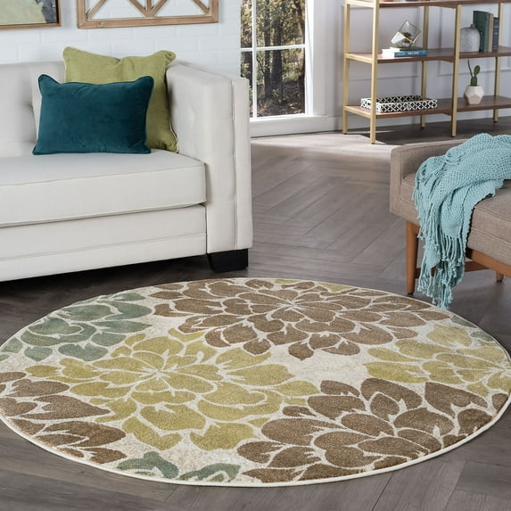 Deco Transitional 5' Round Ivory and Seafoam Polypropylene Indoor Area Rug