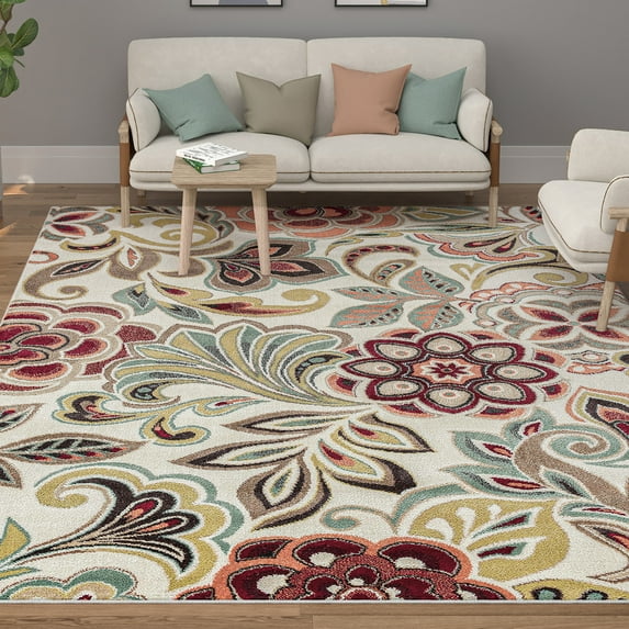 Deco Transitional 5' x 7' Ivory and Red Polypropylene Indoor Area Rug