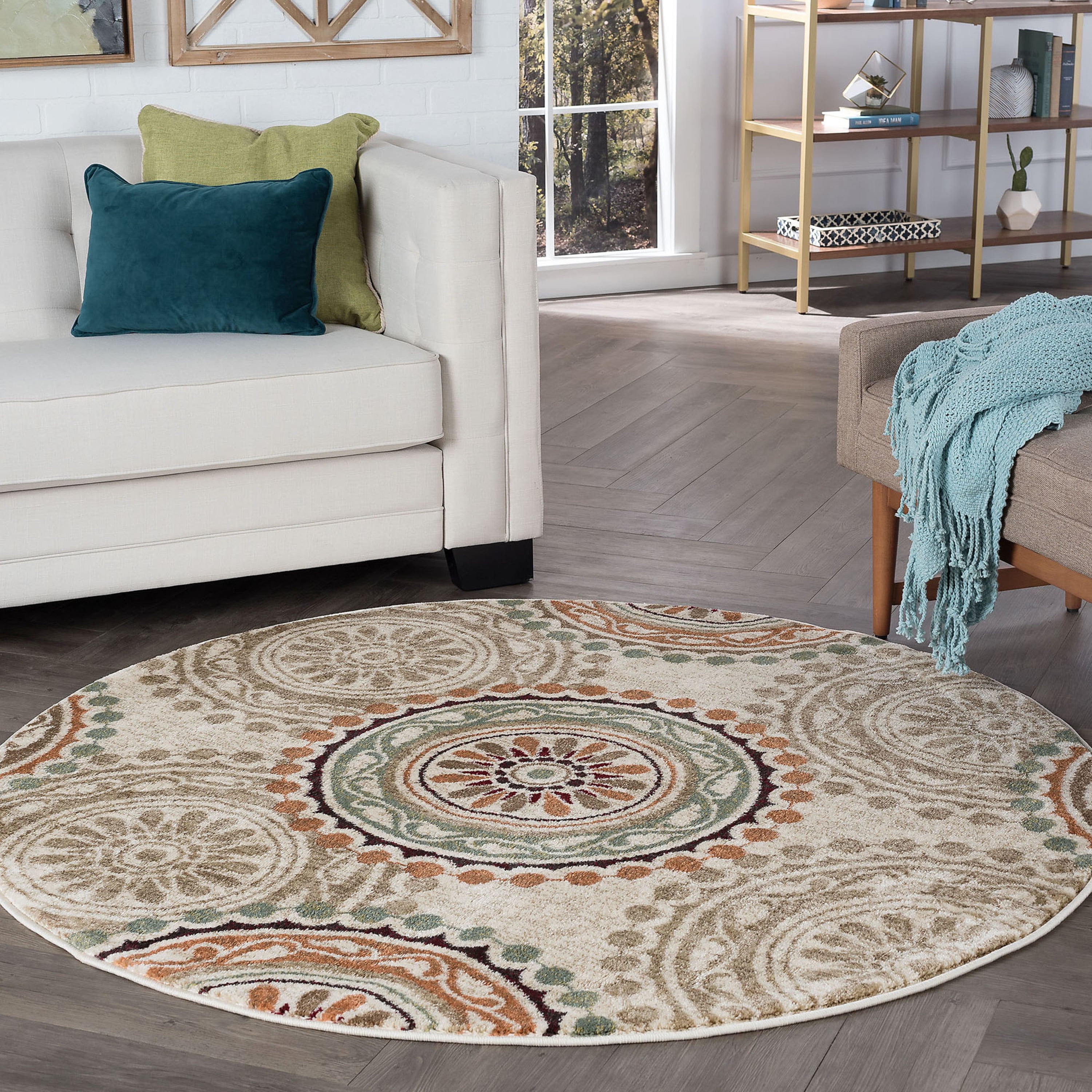 Deco Transitional 8' Round Ivory and Beige Polypropylene Indoor Area Rug