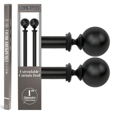 Deco Window 2 Pcs Extendable Iron Curtain Rod 52"-144" for Windows & Doors with Ball Finials (1 Inch, Black Matt)