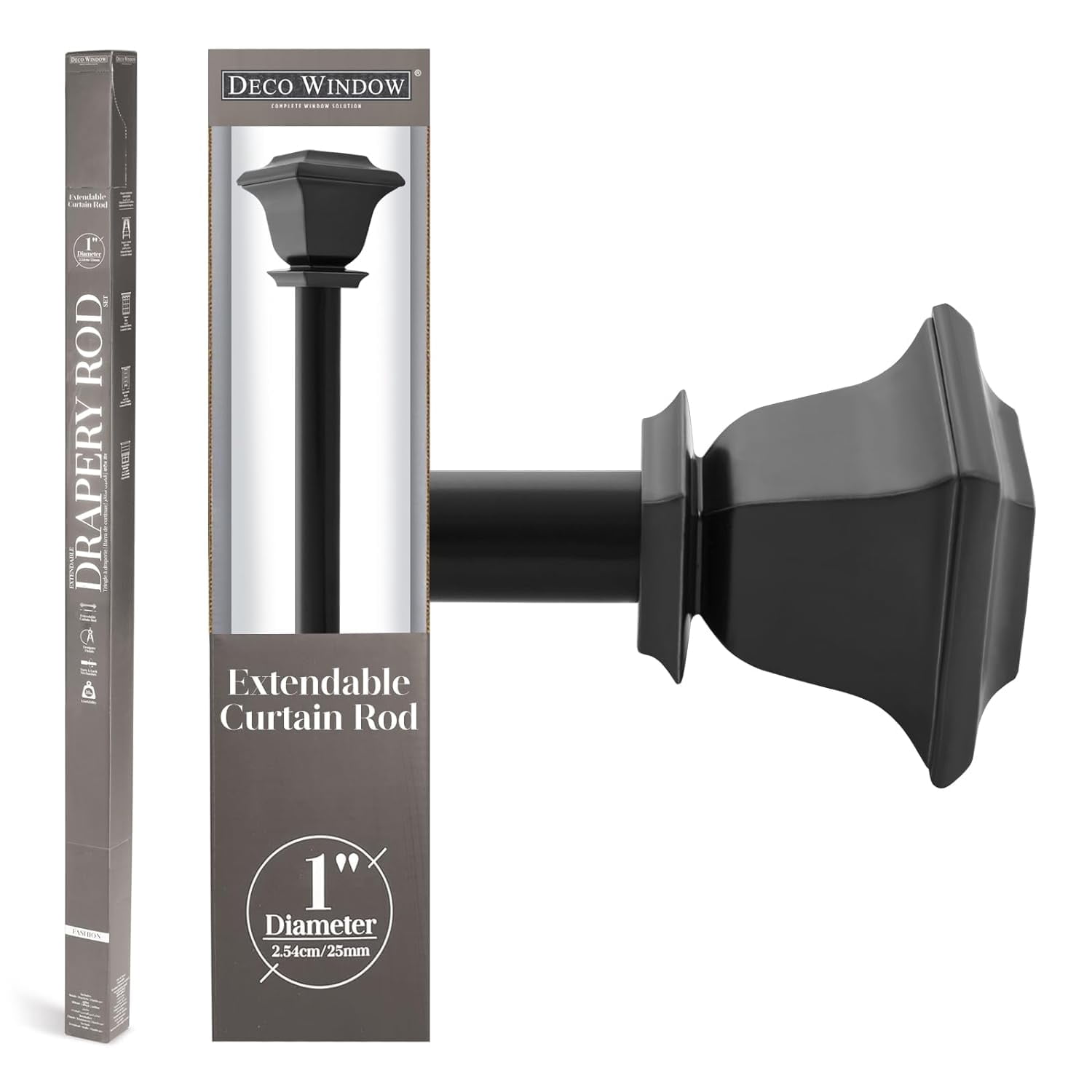 Deco Window 36 - 66 inches Extendable Curtain Rod for Windows with Quadrato Finials (1" Dia, Black)