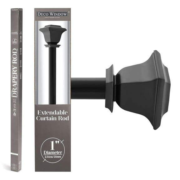 Deco Window 36 - 66 inches Extendable Curtain Rod for Windows with Quadrato Finials (1" Dia, Black)