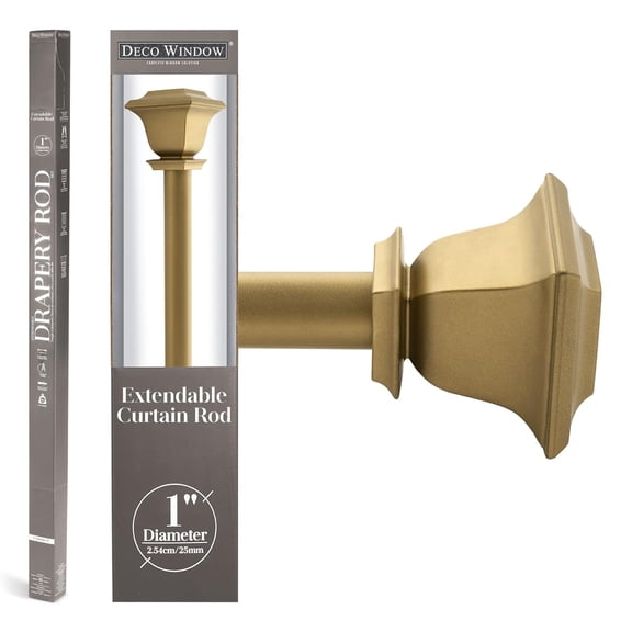 Deco Window 36 - 66 inches Extendable Curtain Rod for Windows with Quadrato Finials (1" Dia, Golden)