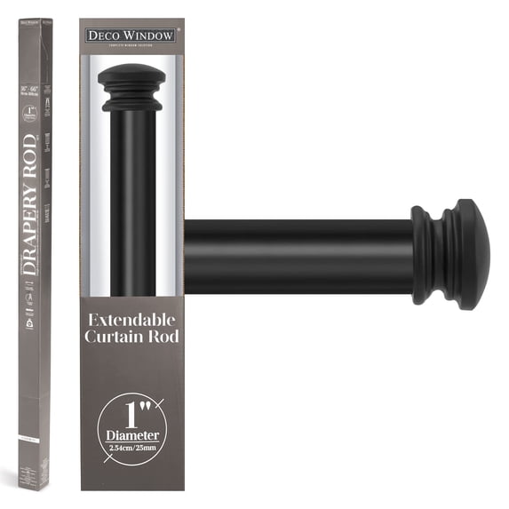 Deco Window 36 to 66 Inches Adjustable Curtain Rod for Windows with Endcap Finials & Bracket Set (1'' Diameter, Black)