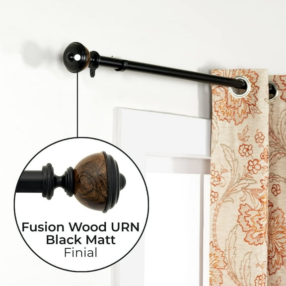 Deco Window 36 to 66 inches Adjustable Curtain Rod for Windows with Wooden Urn Finials (1'' Diameter, Black)