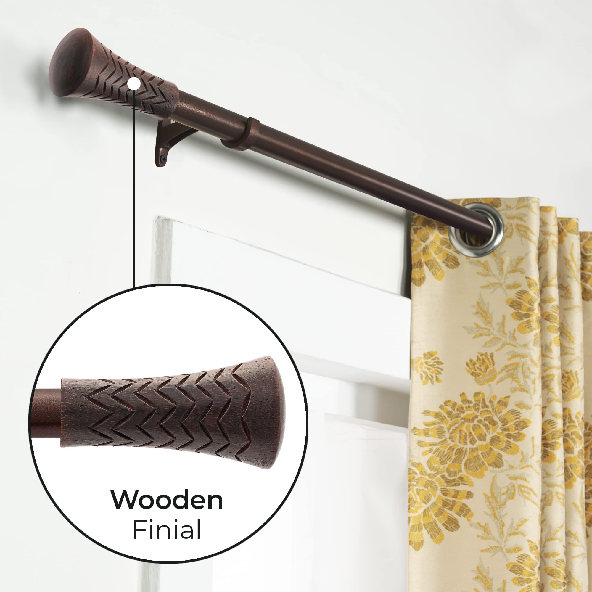 Adjustable Brown Iron Curtain Rod with Wood Taper Finials