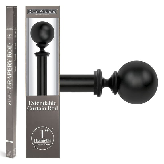 Deco Window 36 to 66 inches Extendable Curtain Rod for Windows with Ball Finials (1'' Diameter, Black)