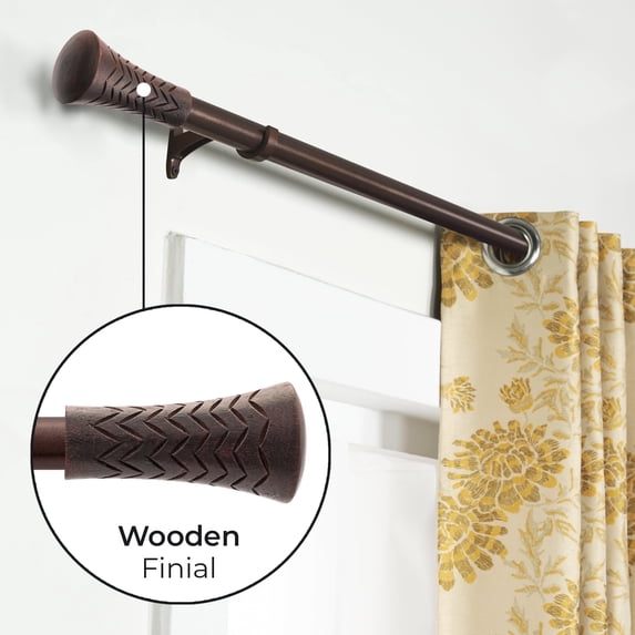 Deco Window Modern 1 in Brown Wood Taper Adjustable Single Curtain Rods, 66 in - 120 in