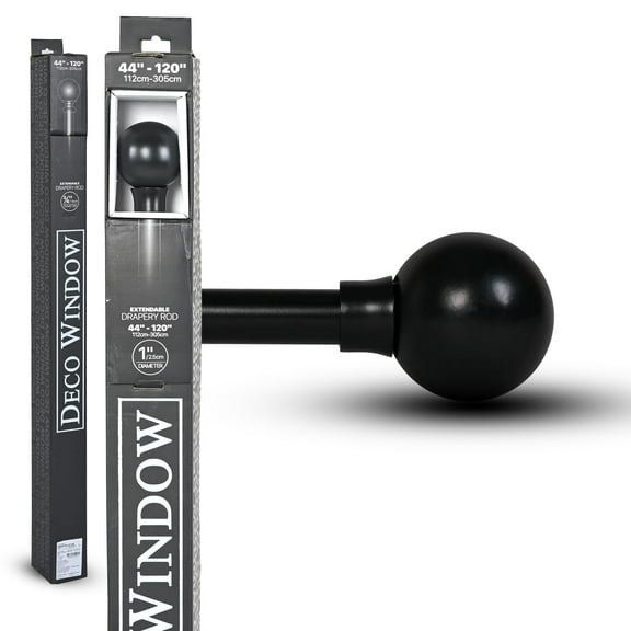Deco Window Adjustable Curtain Rod for Windows 44 to 120 Inch (Pack of 1) Extendable Heavy Duty 1 Inch Iron Drapery Pole with Finials Wall Mounted French Door Curtain Rods (Black)