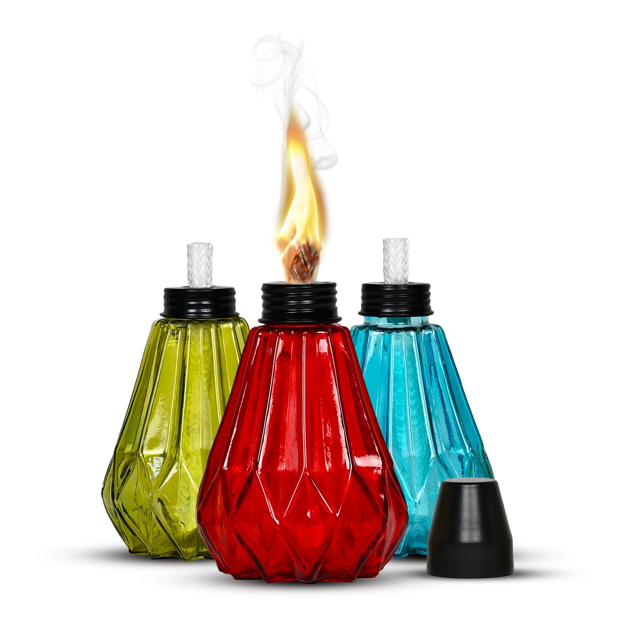 Set of 3 Multicolor Glass Citronella Oil Table Torches with Fiberglass Wick
