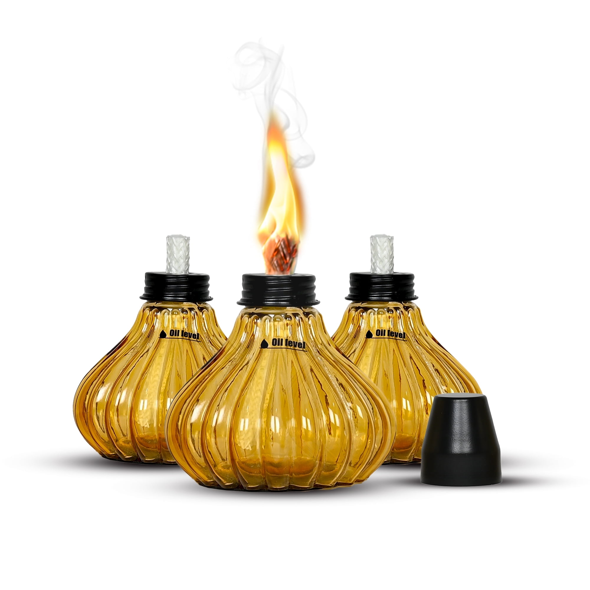 Yellow Glass Citronella Oil Tabletop Torches with Fiberglass Wick, Set of 3