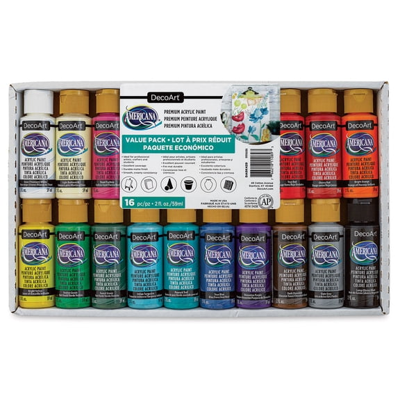 DecoArt Americana Acrylic Paint - Set of 16, Assorted Colors, 2 oz Bottles