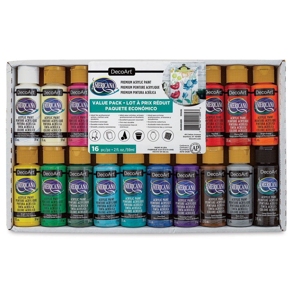 DecoArt Americana Acrylic Paint - Value Set, Set of 16, Assorted Colors, 2 oz, Bottles
