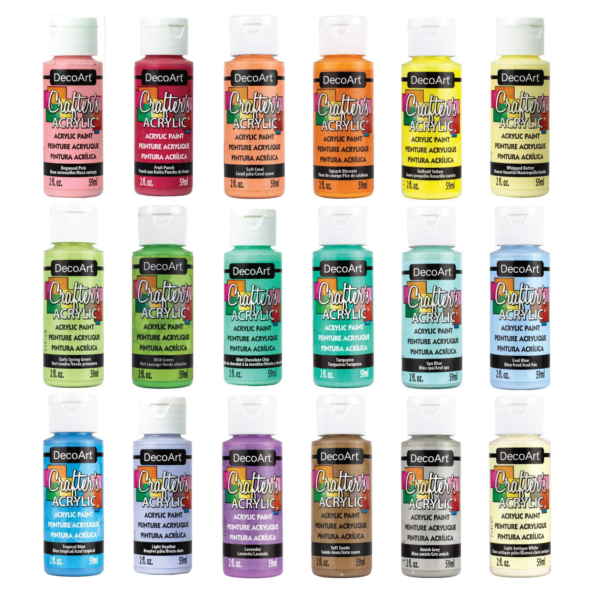 DecoArt Crafter’s Acrylic Pastel Paint Set, 18 Colors, 2 fl oz Bottles, Matte Finish